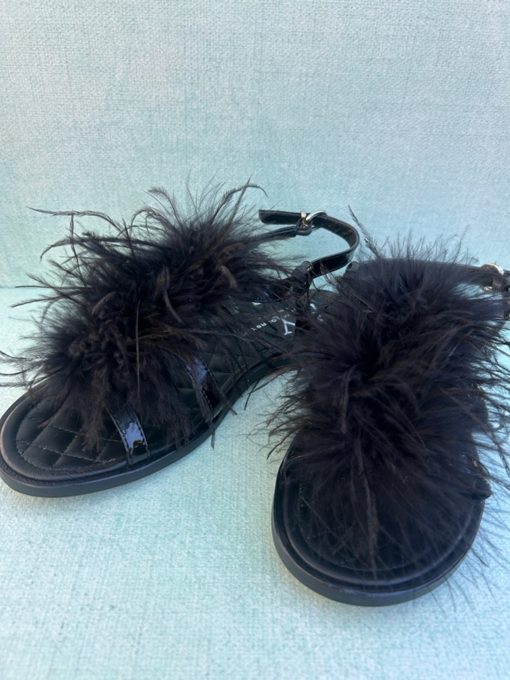 Black Patent Feather Slide Sandals